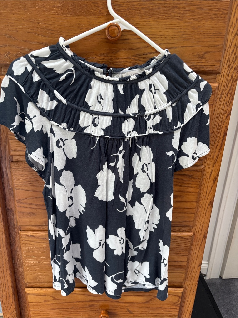 LOFT Black and White Floral Ruffle Yoke Blouse